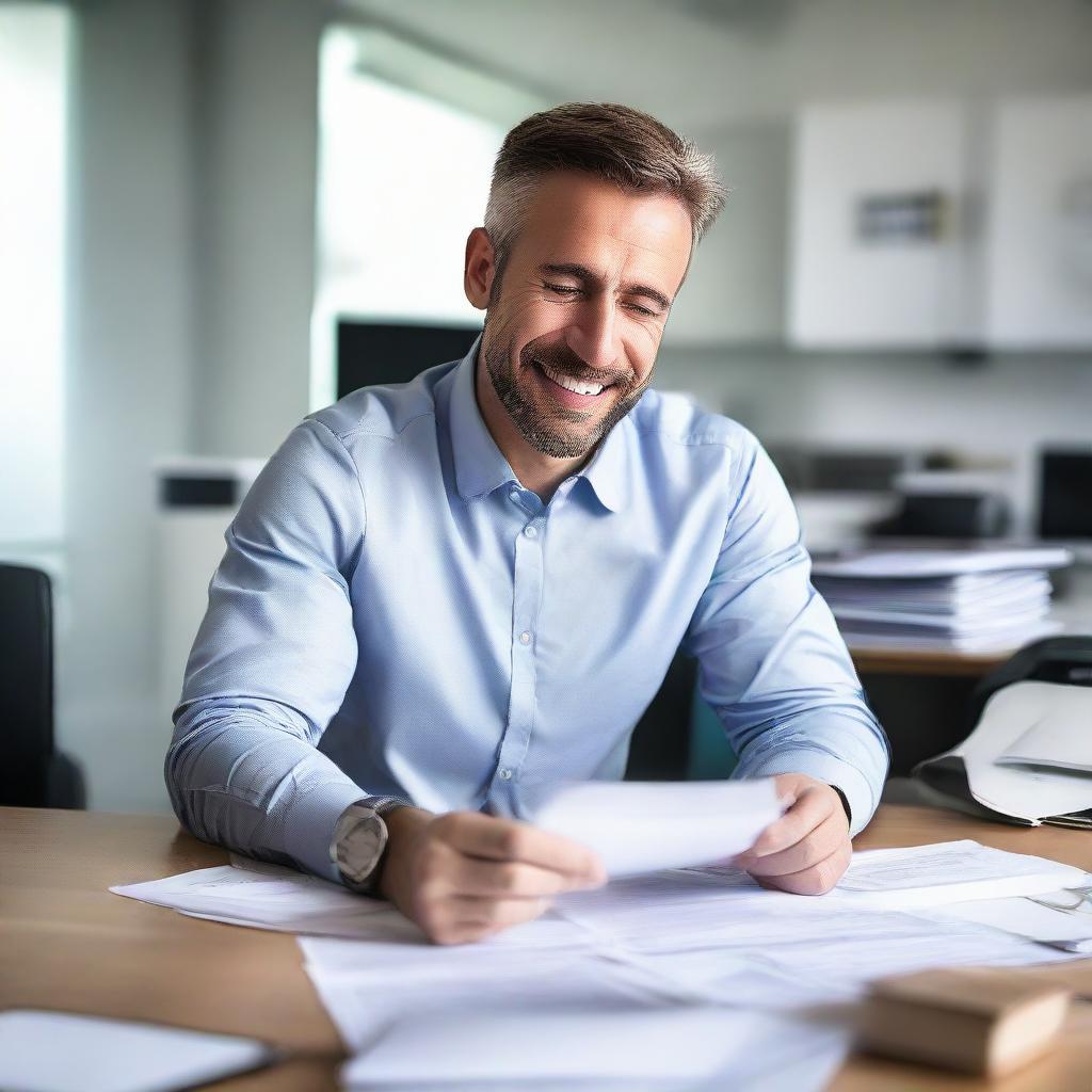 The same professional, friendly mortgage broker from the previous request, but with Caucasian ethnicity, shuffling through paperwork in his modern office.