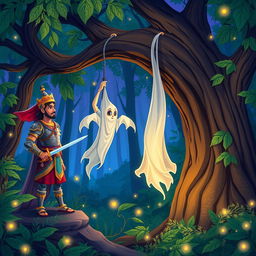 An illustrated scene from the Vikram Betal stories, featuring King Vikramaditya and Betal in a mystical forest setting