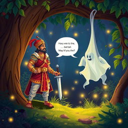 An illustrated scene from the Vikram Betal stories, featuring King Vikramaditya and Betal in a mystical forest setting