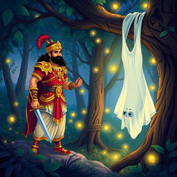 An illustrated scene from the Vikram Betal stories, featuring King Vikramaditya and Betal in a mystical forest setting