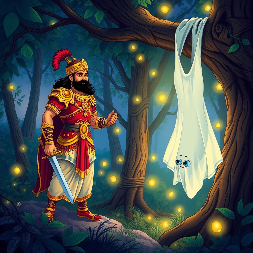 An illustrated scene from the Vikram Betal stories, featuring King Vikramaditya and Betal in a mystical forest setting