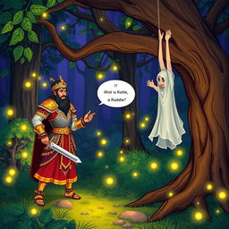 An illustrated scene from the Vikram Betal stories, featuring King Vikramaditya and Betal in a mystical forest setting