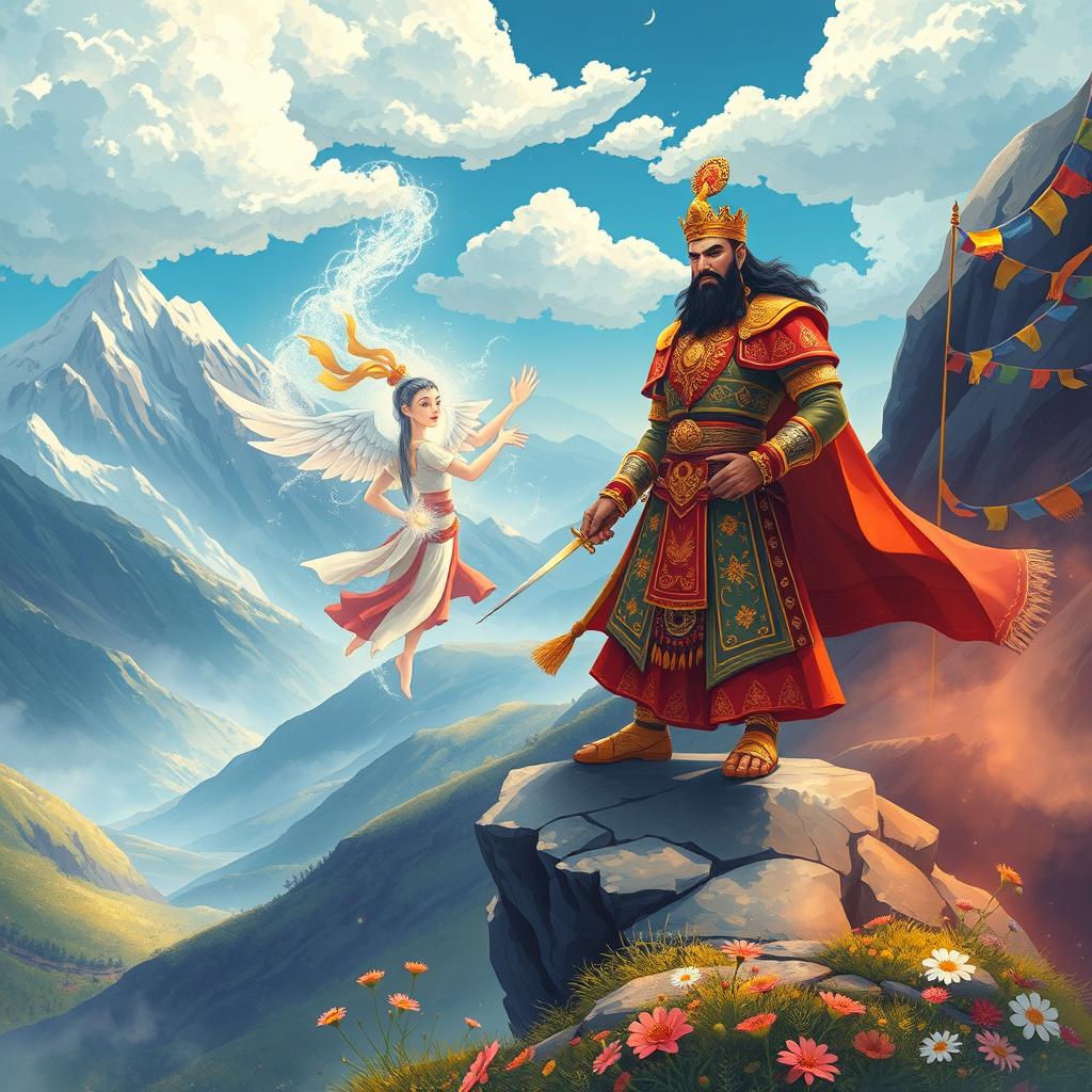 A captivating illustration inspired by a Tibetan version of the Vikram Betal stories, set in the dramatic landscapes of the Himalayas