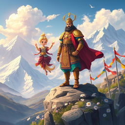 A captivating illustration inspired by a Tibetan version of the Vikram Betal stories, set in the dramatic landscapes of the Himalayas