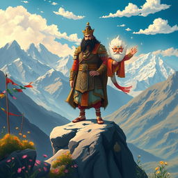 A captivating illustration inspired by a Tibetan version of the Vikram Betal stories, set in the dramatic landscapes of the Himalayas