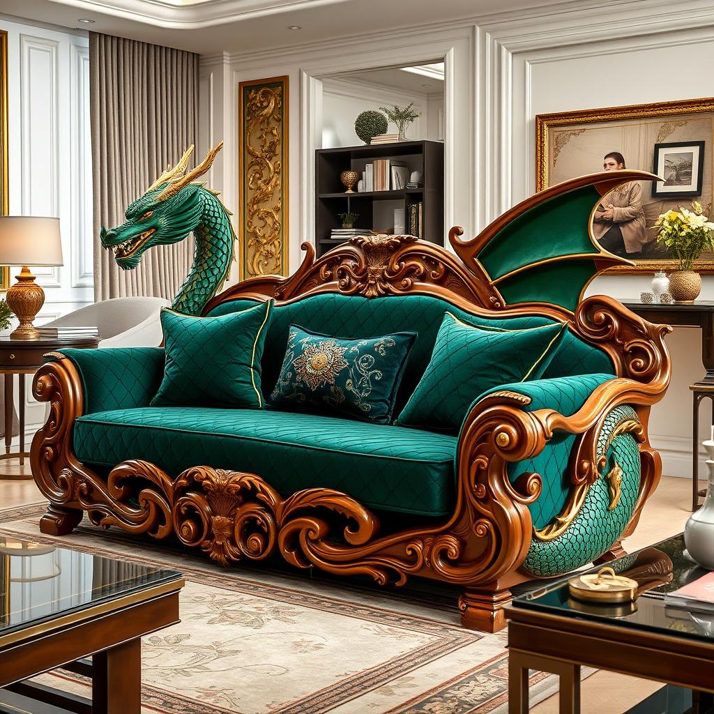 A luxurious and artistic dragon-themed sofa, featuring intricate dragon motifs carved into the wooden frame, deep emerald green velvet upholstery that resembles dragon scales, and elegant gold accents