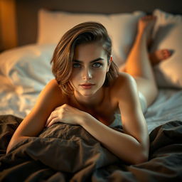 A stylish young French woman aged 18-20, with a fashionable hairstyle that enhances her beauty, lying gracefully on a bed
