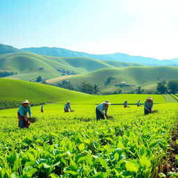 A serene landscape depicting a lush green field where several farmers are engaged in their work, all dressed in traditional clothing, joyfully tending to their crops