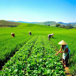 A serene landscape depicting a lush green field where several farmers are engaged in their work, all dressed in traditional clothing, joyfully tending to their crops