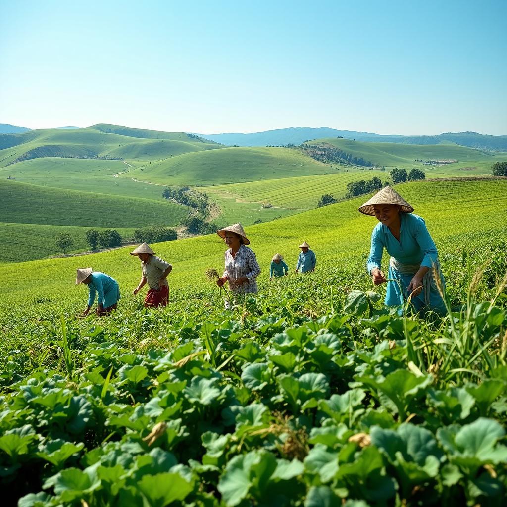 A serene landscape depicting a lush green field where several farmers are engaged in their work, all dressed in traditional clothing, joyfully tending to their crops
