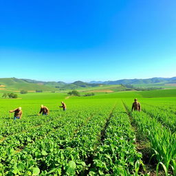 A serene landscape depicting a lush green field where several farmers are engaged in their work, all dressed in traditional clothing, joyfully tending to their crops