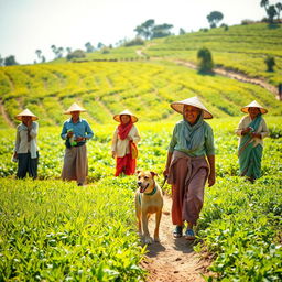 A captivating rural scene featuring a group of farmers, all dressed in traditional attire, joyfully working in a lush agricultural field