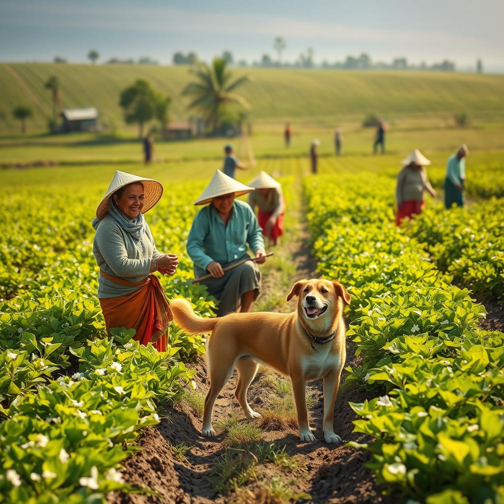 A captivating rural scene featuring a group of farmers, all dressed in traditional attire, joyfully working in a lush agricultural field