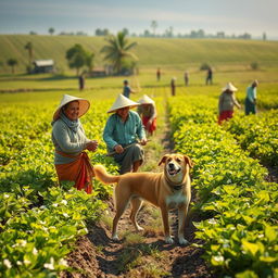 A captivating rural scene featuring a group of farmers, all dressed in traditional attire, joyfully working in a lush agricultural field