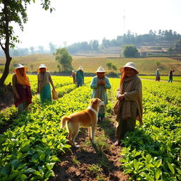 A captivating rural scene featuring a group of farmers, all dressed in traditional attire, joyfully working in a lush agricultural field
