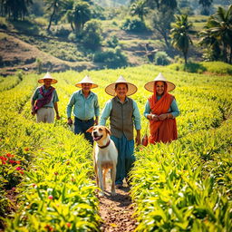 A captivating rural scene featuring a group of farmers, all dressed in traditional attire, joyfully working in a lush agricultural field