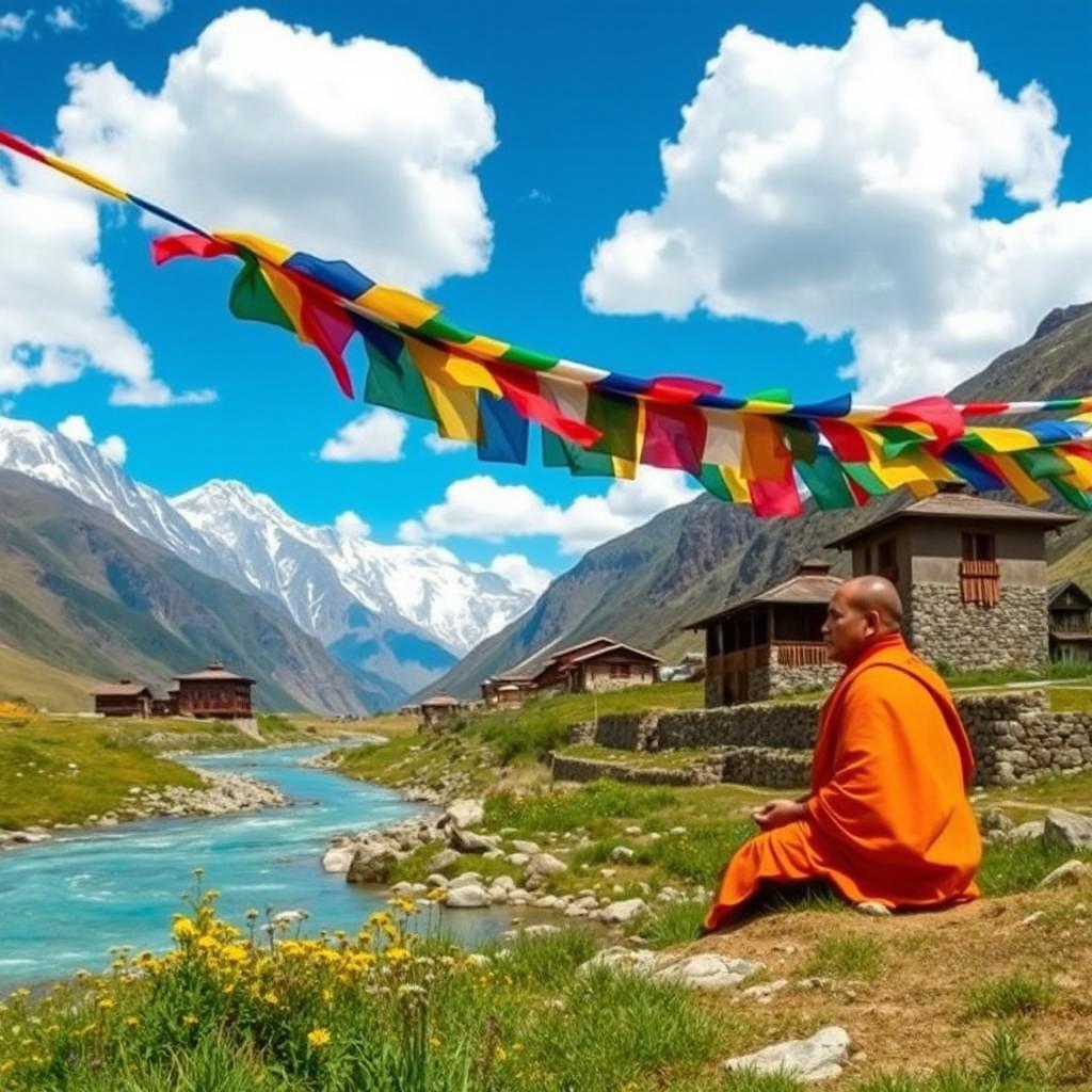 A beautiful Tibetan landscape with majestic mountains in the background, featuring a tranquil river flowing through the valley, dotted with traditional Tibetan houses made of stone and wood