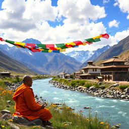 A beautiful Tibetan landscape with majestic mountains in the background, featuring a tranquil river flowing through the valley, dotted with traditional Tibetan houses made of stone and wood