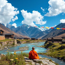 A beautiful Tibetan landscape with majestic mountains in the background, featuring a tranquil river flowing through the valley, dotted with traditional Tibetan houses made of stone and wood