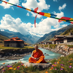 A beautiful Tibetan landscape with majestic mountains in the background, featuring a tranquil river flowing through the valley, dotted with traditional Tibetan houses made of stone and wood