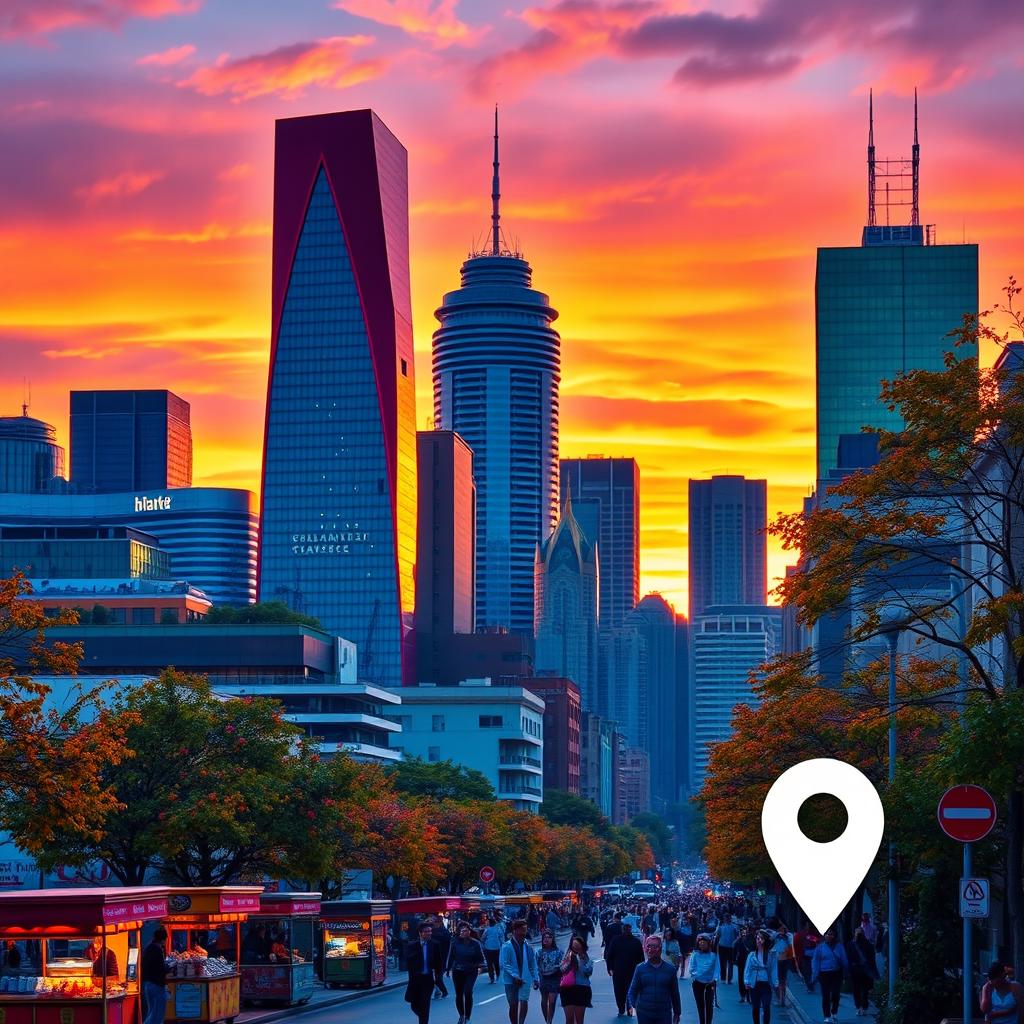 A vibrant urban landscape at sunset featuring a variety of skyscrapers in different shapes and colors
