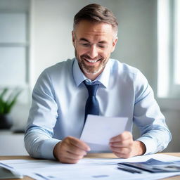 The same professional, friendly mortgage broker from the previous request, but with Caucasian ethnicity, shuffling through paperwork in his modern office.