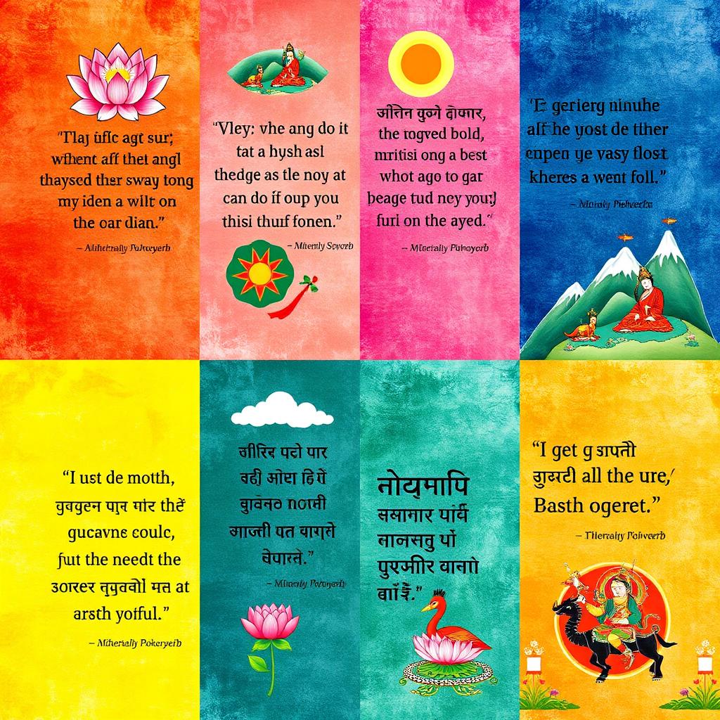 A visually striking collage of Tibetan proverbs artistically displayed on colorful background textures inspired by traditional Tibetan art