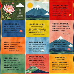 A visually striking collage of Tibetan proverbs artistically displayed on colorful background textures inspired by traditional Tibetan art