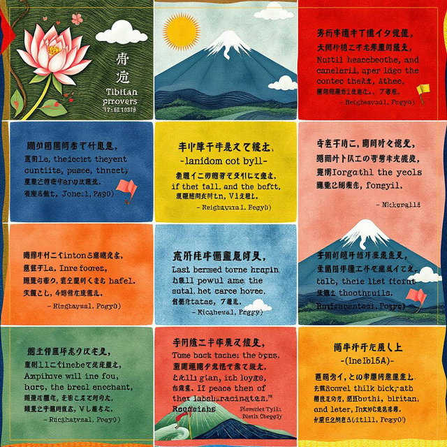 A visually striking collage of Tibetan proverbs artistically displayed on colorful background textures inspired by traditional Tibetan art