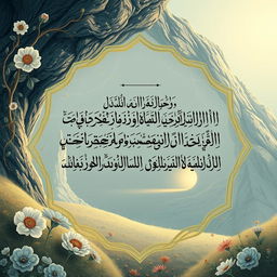 An artistic representation of the Quran, specifically the verse from Surah Al-Kahf (The Cave), featuring ornate calligraphy of the Arabic text