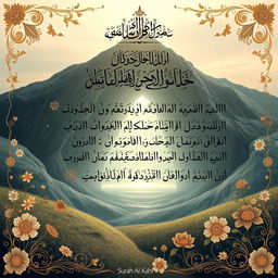 An artistic representation of the Quran, specifically the verse from Surah Al-Kahf (The Cave), featuring ornate calligraphy of the Arabic text