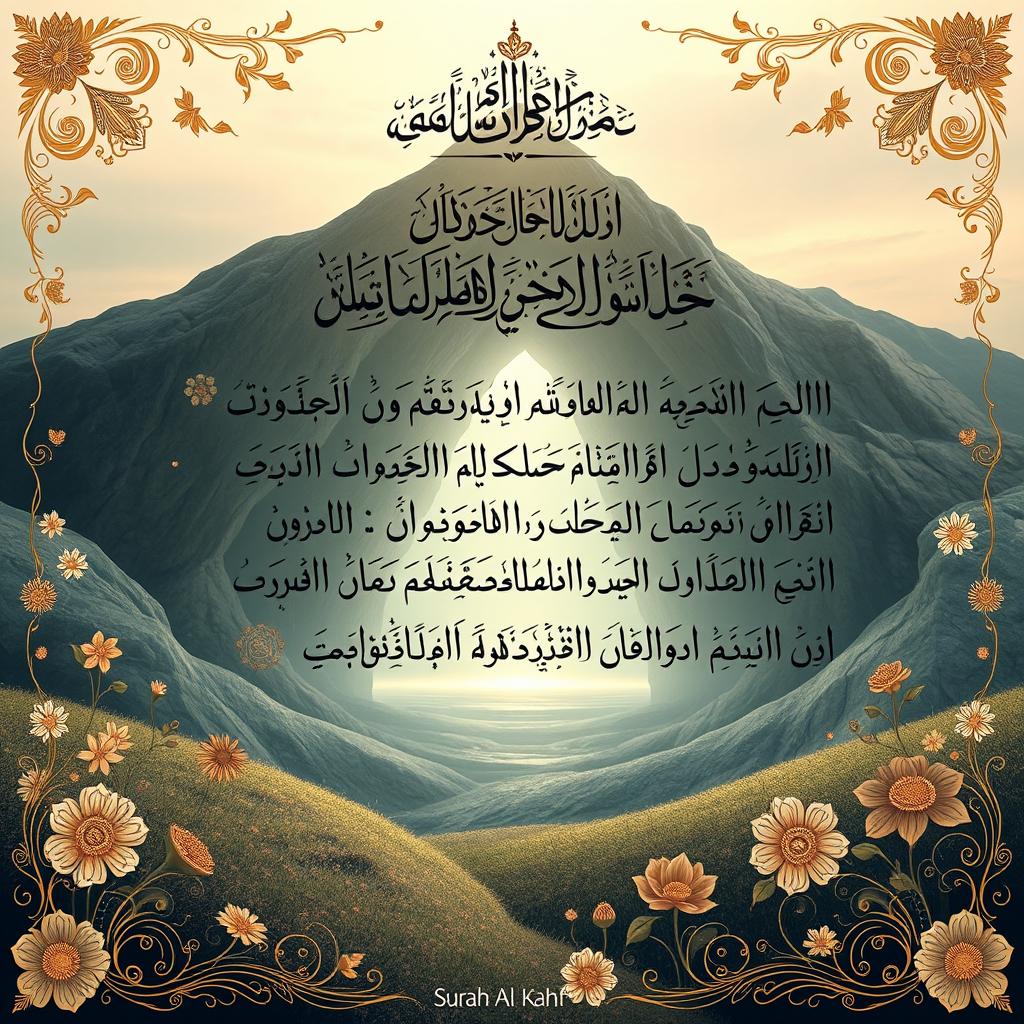 An artistic representation of the Quran, specifically the verse from Surah Al-Kahf (The Cave), featuring ornate calligraphy of the Arabic text