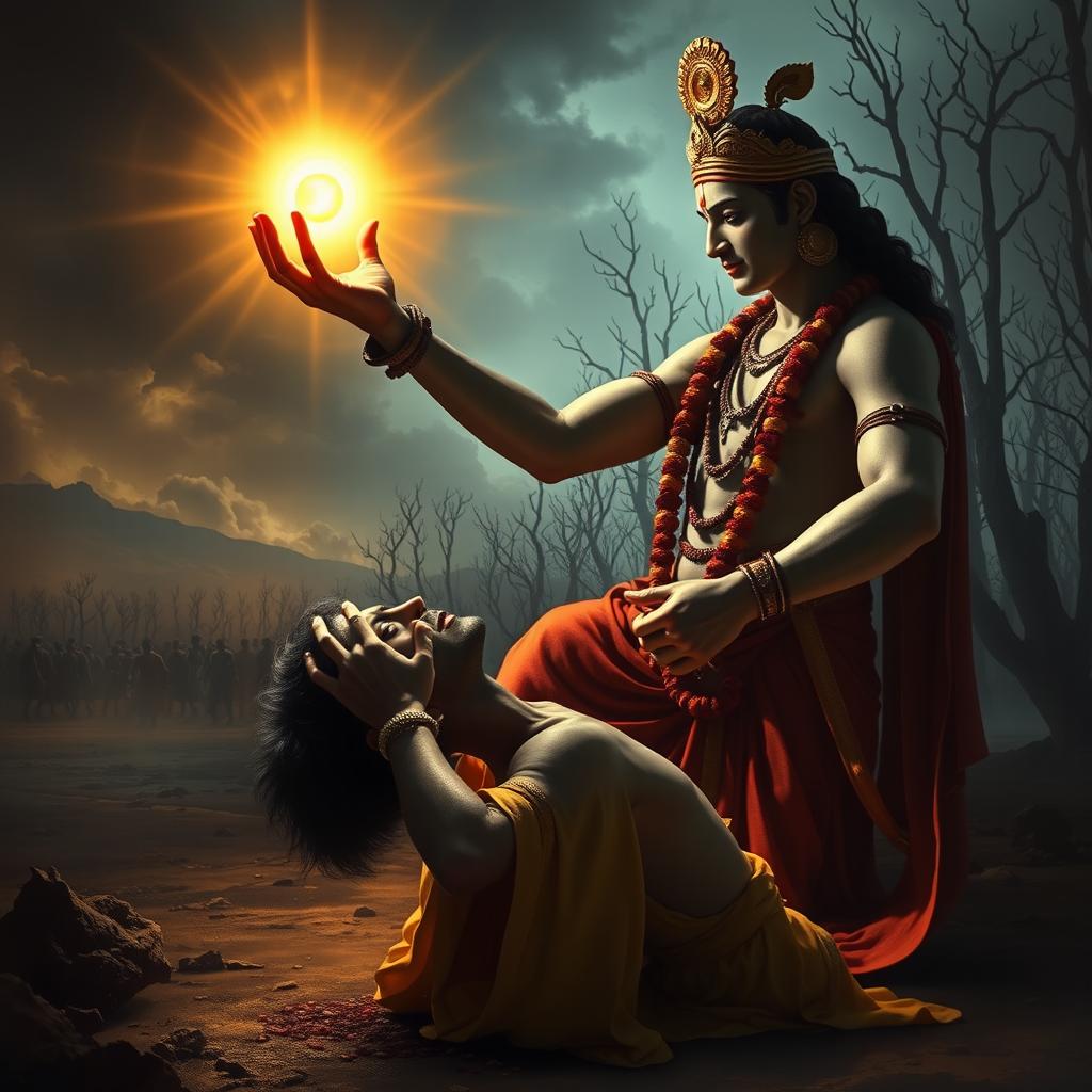 A dramatic and poignant image capturing the moment when Lord Krishna removes the divine gemstone from Ashwatthama’s forehead