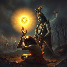 A dramatic and poignant image capturing the moment when Lord Krishna removes the divine gemstone from Ashwatthama’s forehead