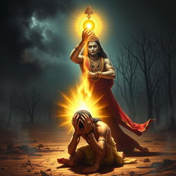 A dramatic and poignant image capturing the moment when Lord Krishna removes the divine gemstone from Ashwatthama’s forehead