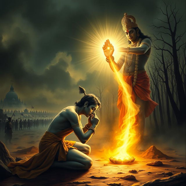 A dramatic and poignant image capturing the moment when Lord Krishna removes the divine gemstone from Ashwatthama’s forehead