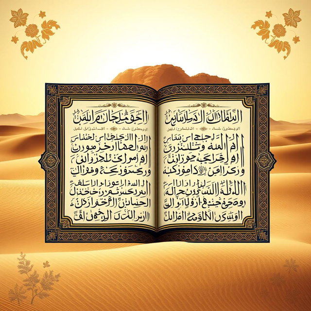 A beautifully ornate representation of the Quran, specifically the Surah Al-Kahf, featuring intricate calligraphy and illumination