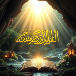 A radiant representation of the Quran, specifically the Surah Al-Kahf, illuminated with a divine light