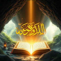 A radiant representation of the Quran, specifically the Surah Al-Kahf, illuminated with a divine light