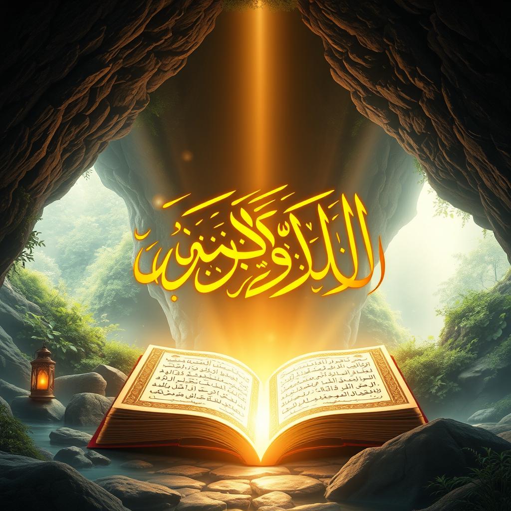 A radiant representation of the Quran, specifically the Surah Al-Kahf, illuminated with a divine light