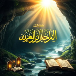 A radiant representation of the Quran, specifically the Surah Al-Kahf, illuminated with a divine light