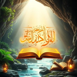 A radiant representation of the Quran, specifically the Surah Al-Kahf, illuminated with a divine light