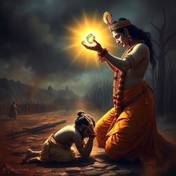 A dramatic and poignant image capturing the moment when Lord Krishna removes the divine gemstone from Ashwatthama’s forehead