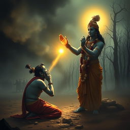 A dramatic and poignant image capturing the moment when Lord Krishna removes the divine gemstone from Ashwatthama’s forehead