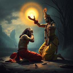 A dramatic and poignant image capturing the moment when Lord Krishna removes the divine gemstone from Ashwatthama’s forehead