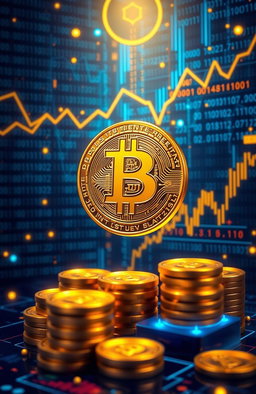 An artistic representation of cryptocurrency, featuring a golden Bitcoin symbol floating against a digital background filled with binary code, glowing neon charts, and abstract representations of network connections