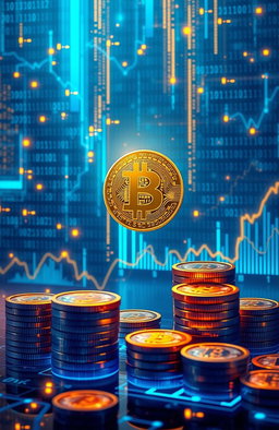 An artistic representation of cryptocurrency, featuring a golden Bitcoin symbol floating against a digital background filled with binary code, glowing neon charts, and abstract representations of network connections