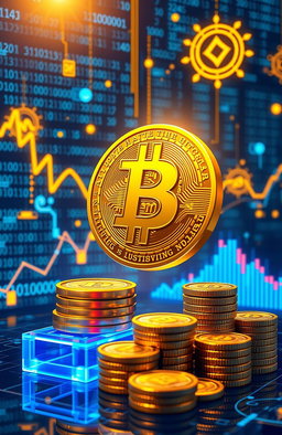 An artistic representation of cryptocurrency, featuring a golden Bitcoin symbol floating against a digital background filled with binary code, glowing neon charts, and abstract representations of network connections