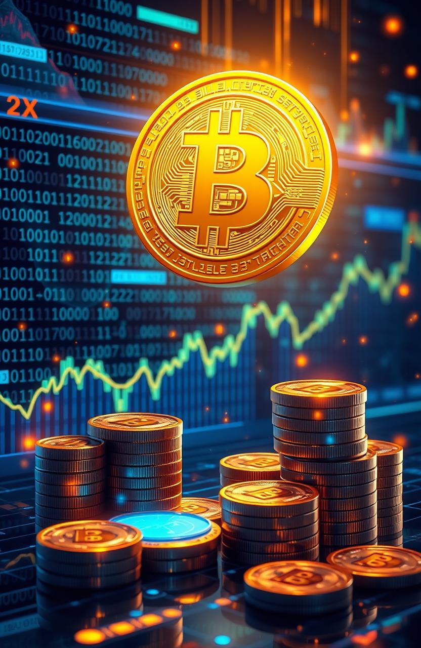 An artistic representation of cryptocurrency, featuring a golden Bitcoin symbol floating against a digital background filled with binary code, glowing neon charts, and abstract representations of network connections