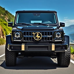 A luxurious and powerful Gwagon, customized with a striking Lyon emblem prominently displayed on the front grille